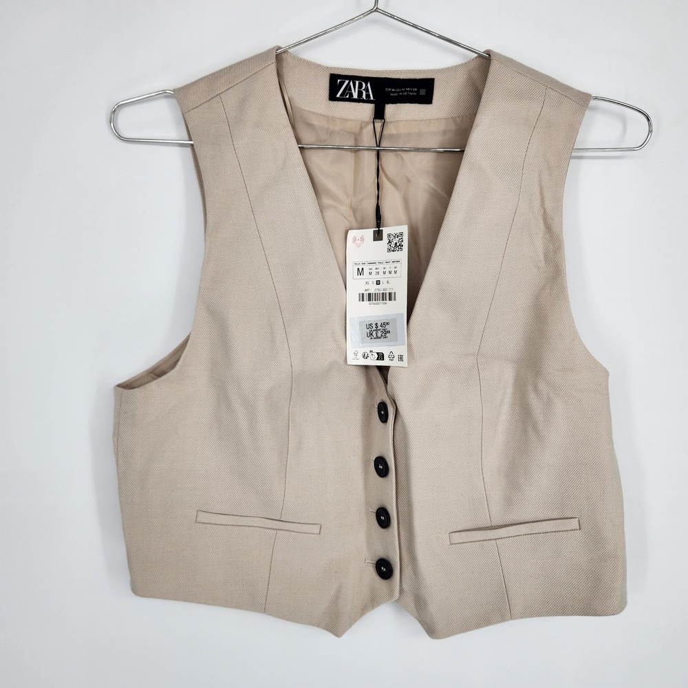 Zara Women Beige Tailored Waistcoat Vest Button Front Cropped Neutral Size M NWT